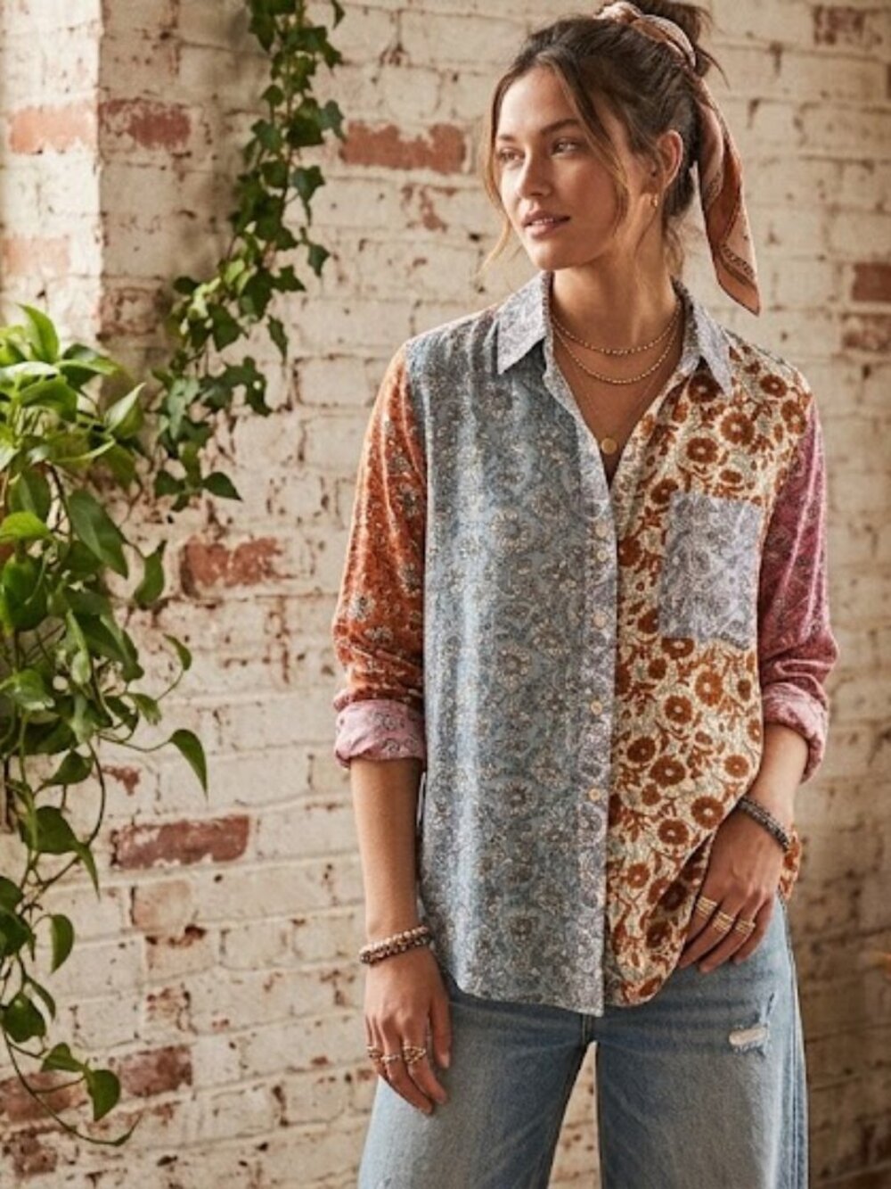 Style & Co Colorblock Floral Print Button Up Shirt Sz M Boho Eclectic Top